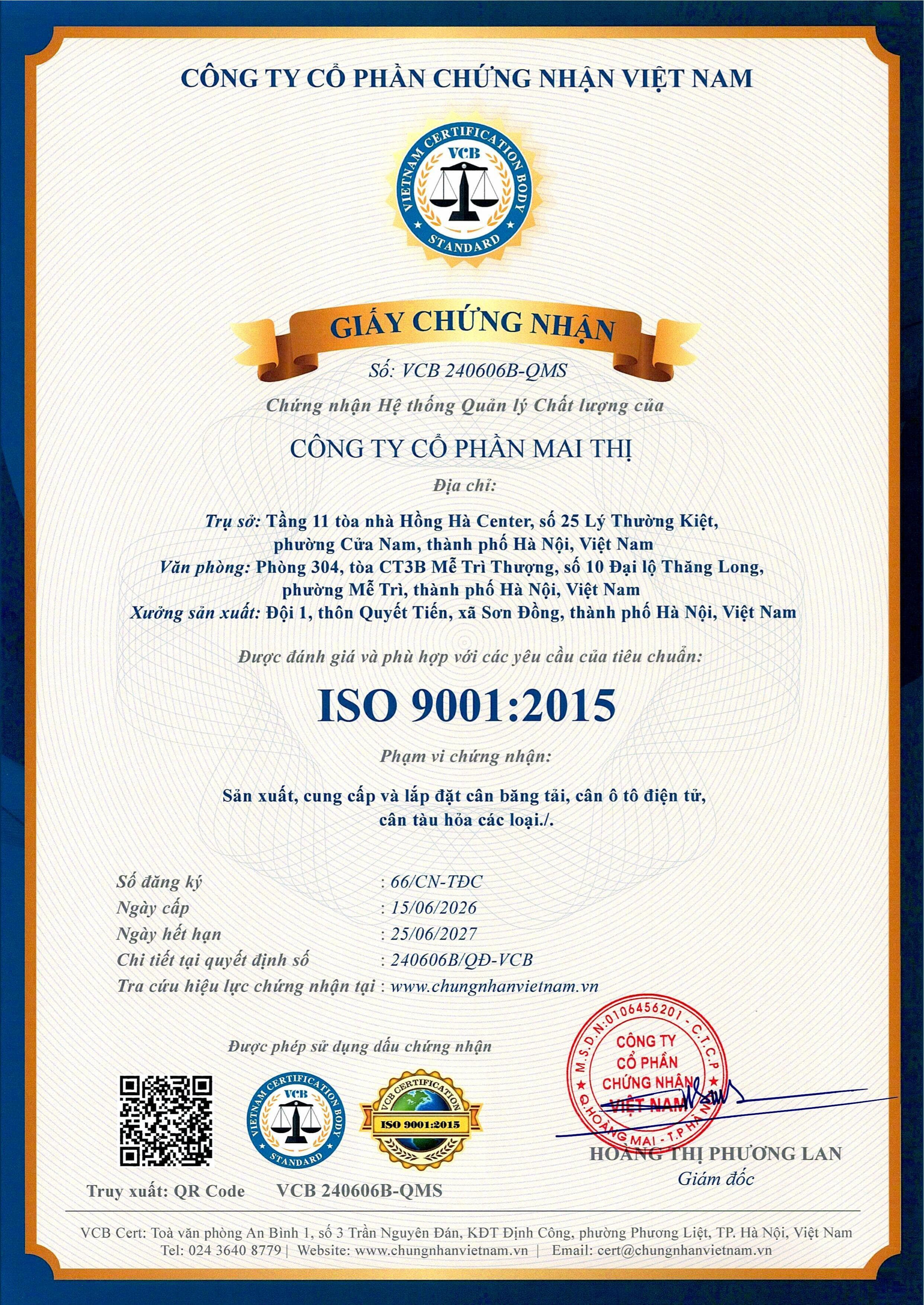 Giấy chứng nhận ISO 9001:2015 - Mai Thị