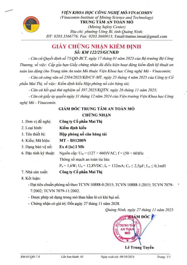 Giấy chứng nhận kiểm định - Trung tâm An toàn Mỏ