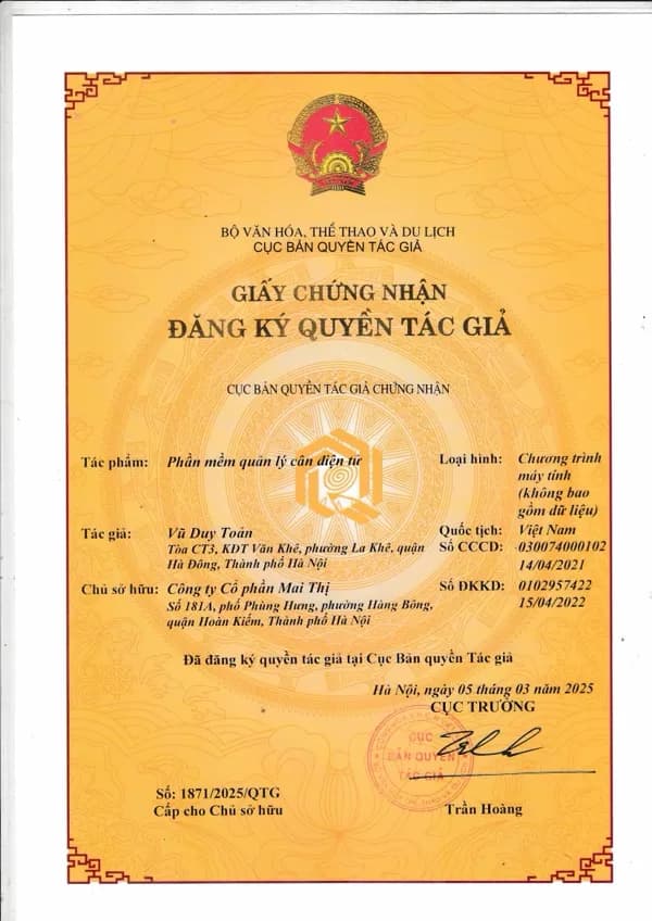 Giấy chứng nhận đăng ký bản quyền Phần mềm quản lý cân điện tử